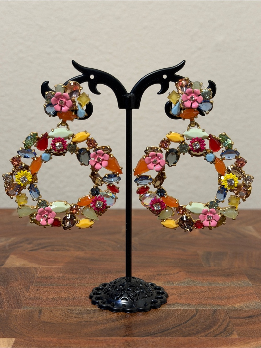 J.Crew Watusi Crystal Floral Wreath Earrings Multi-Color Light Gold Brass